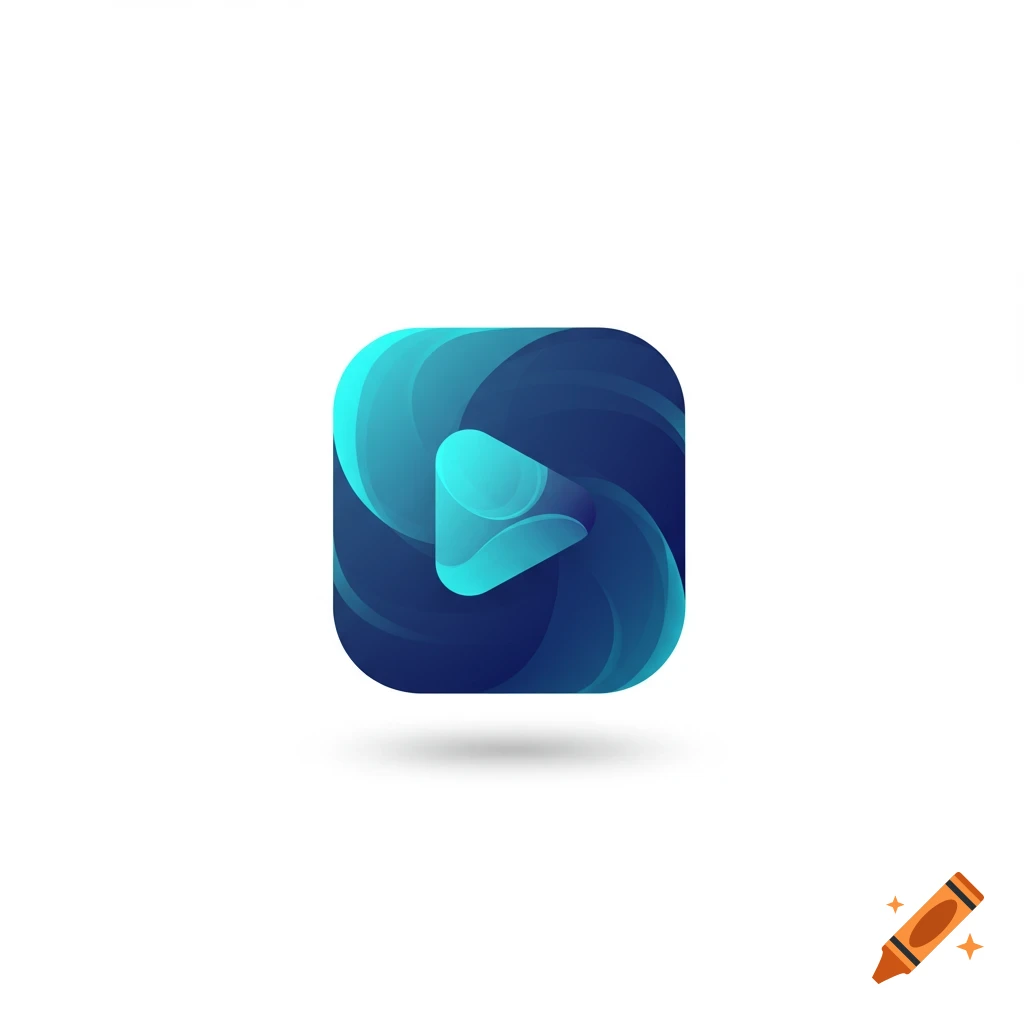 A vibrant blue and turquoise abstract play button icon in a rounded square shape with a subtle shadow.