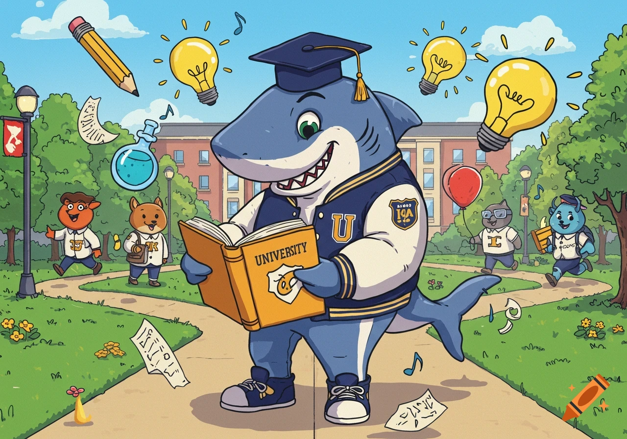 A cartoon shark mascot wearing a graduation cap and university jacket, reading a book on a college campus with other animal mascots.