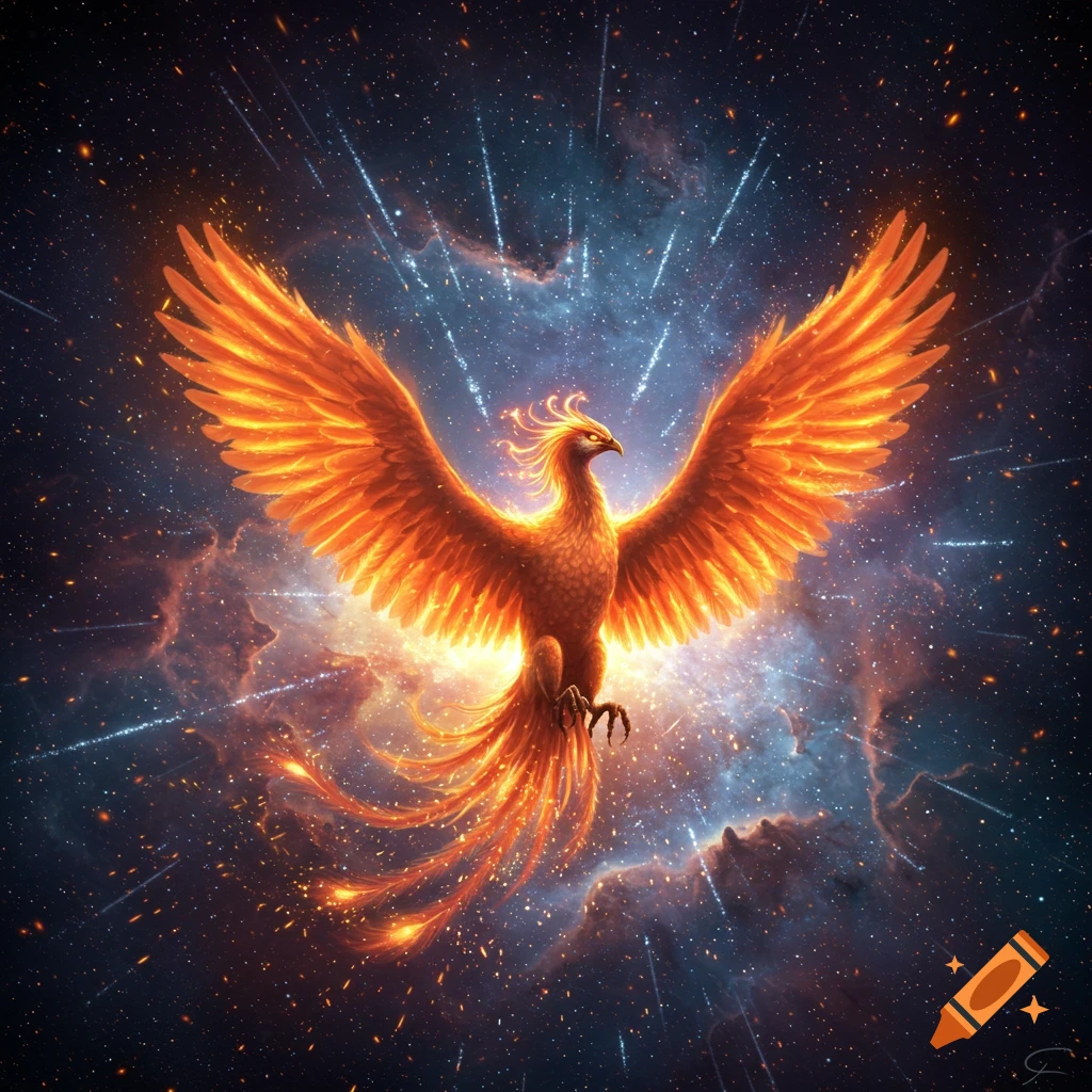 A vibrant, fiery phoenix with outstretched wings soars through a dark, star-filled cosmic sky with nebulae and glowing light trails.