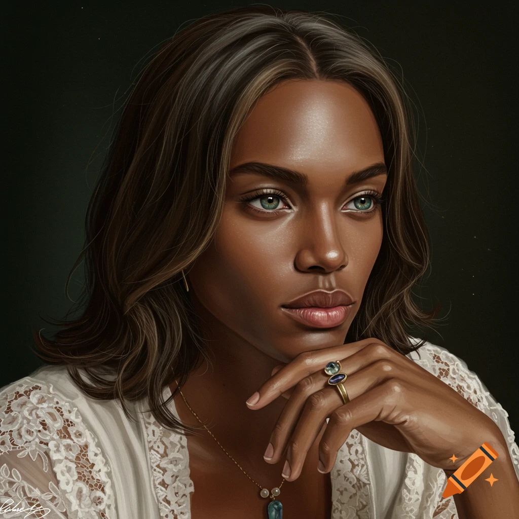 A close-up realistic portrait of a woman with dark skin and green eyes, wearing a white lace top and a ring, resting her chin on her hand.