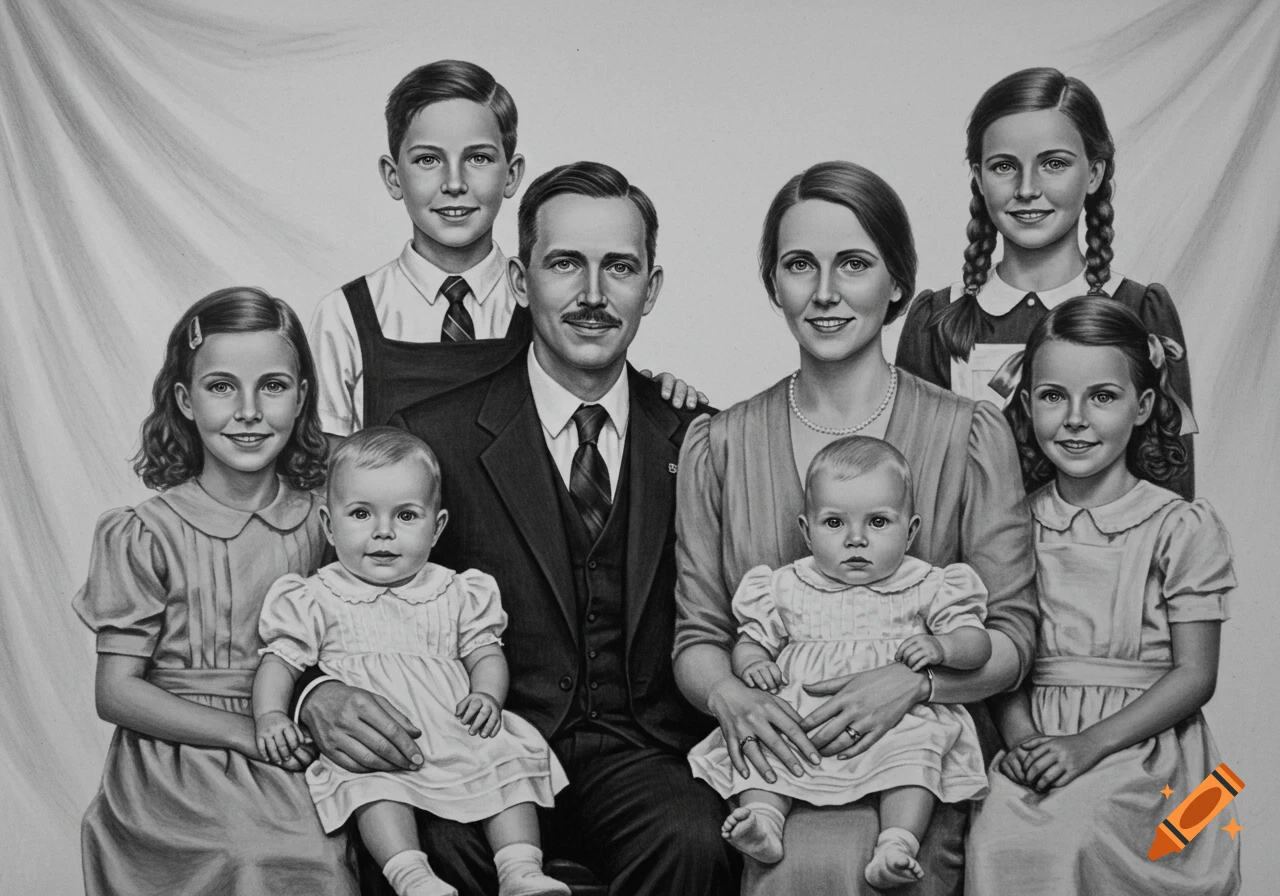 A black-and-white family portrait illustration of a mother, father, and five children in vintage 1900s clothing, posed formally.