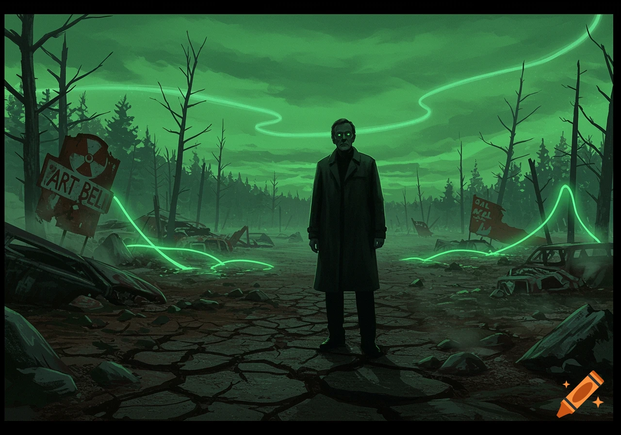 A man in a trench coat stands on cracked earth in a green-tinged, desolate wasteland with glowing green lines, barren trees, and ruined vehicles under a cloudy sky. A sign on the left reads "ART BELL" next to a radiation symbol.