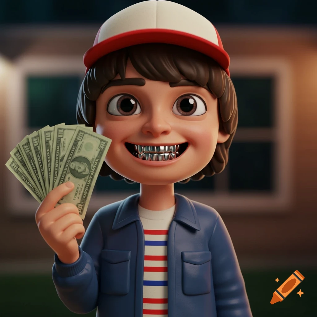 A 3D cartoon rendering of a smiling Will Byers from Stranger Things, wearing a cap and jacket, with silver grills on his teeth and holding a fan of money.