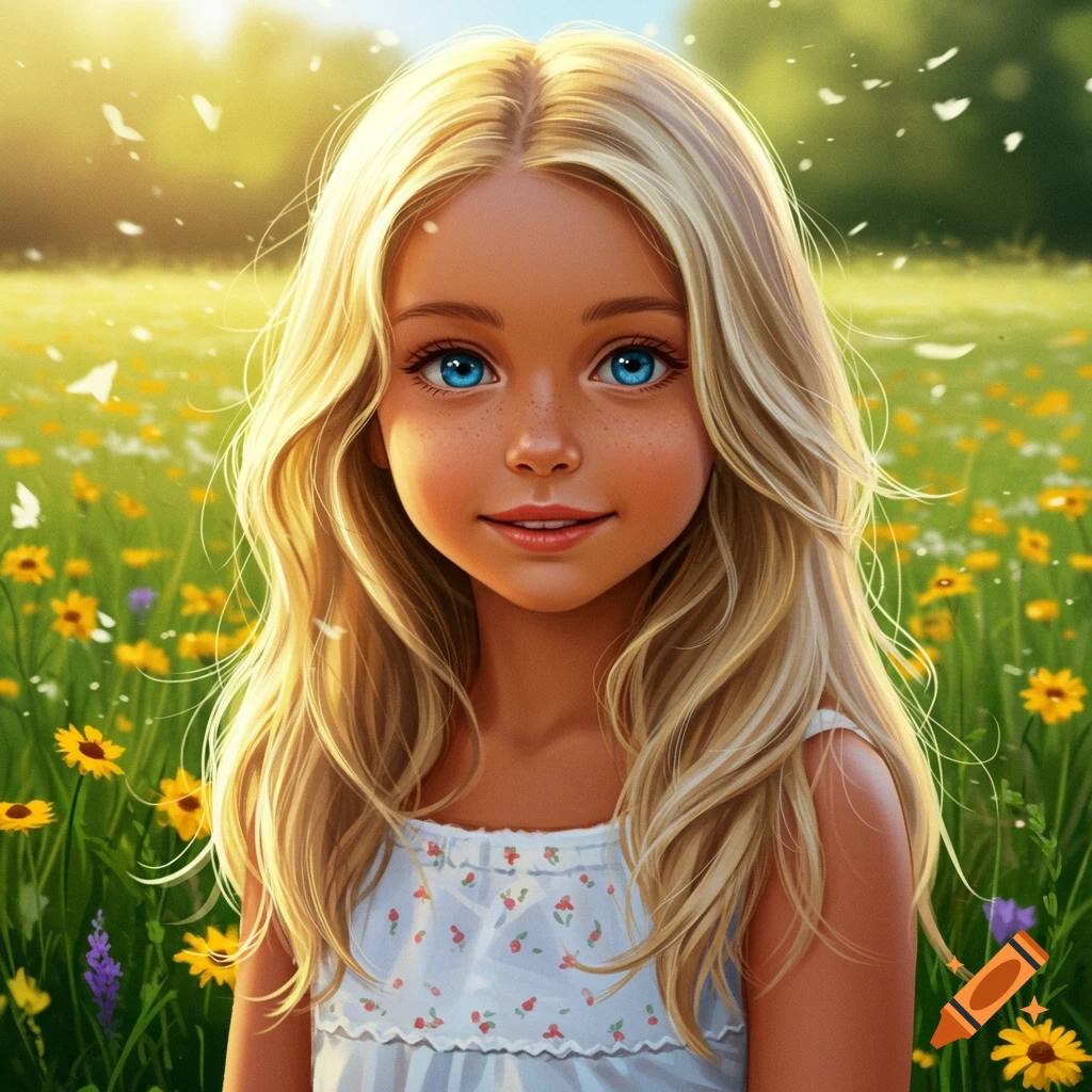 A close-up digital illustration of a young girl with blonde hair and blue eyes smiling in a sunny field of yellow flowers.