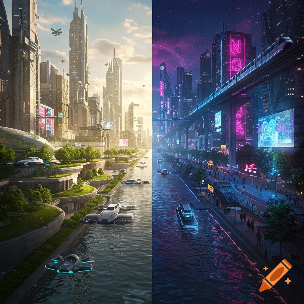 A futuristic city split vertically, with a bright daytime side and a neon-lit nighttime side, both featuring a river and flying vehicles.