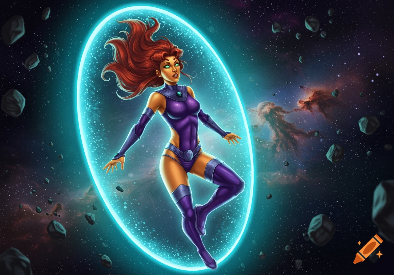 Starfire, a red-haired superhero in a purple suit, floats in a glowing stasis field in space with asteroids. Comic art.