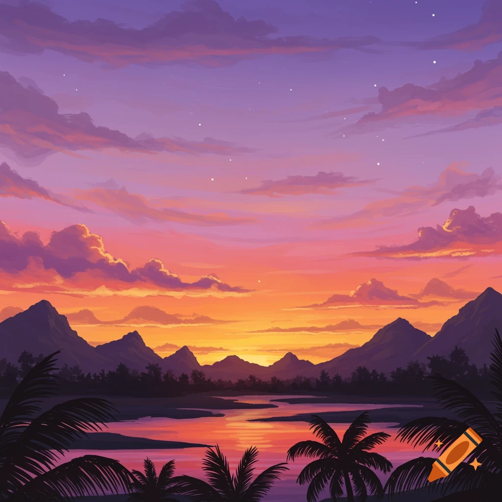 Vibrant digital painting of a tropical sunset over a lake, with silhouetted mountains and palm trees under a purple, orange, and pink sky.
