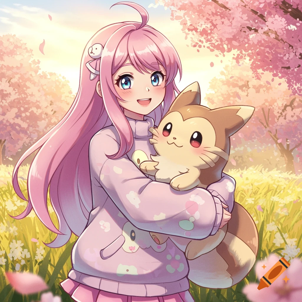 An anime girl with pink hair hugs a Furret from Pokemon in a field with cherry blossoms.