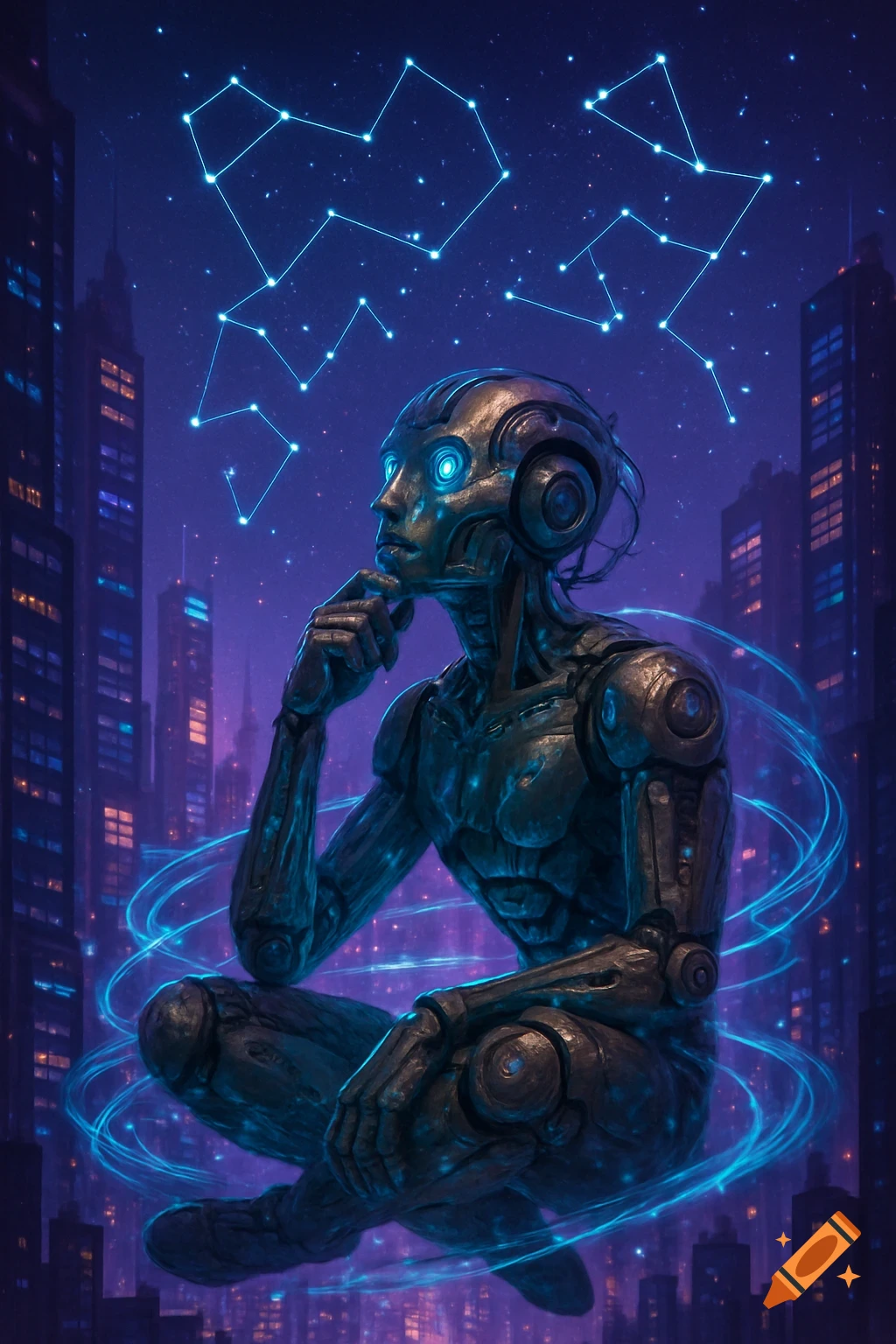 A detailed robotic figure sits contemplatively against a dark night city skyline, with glowing blue constellations and energy lines.