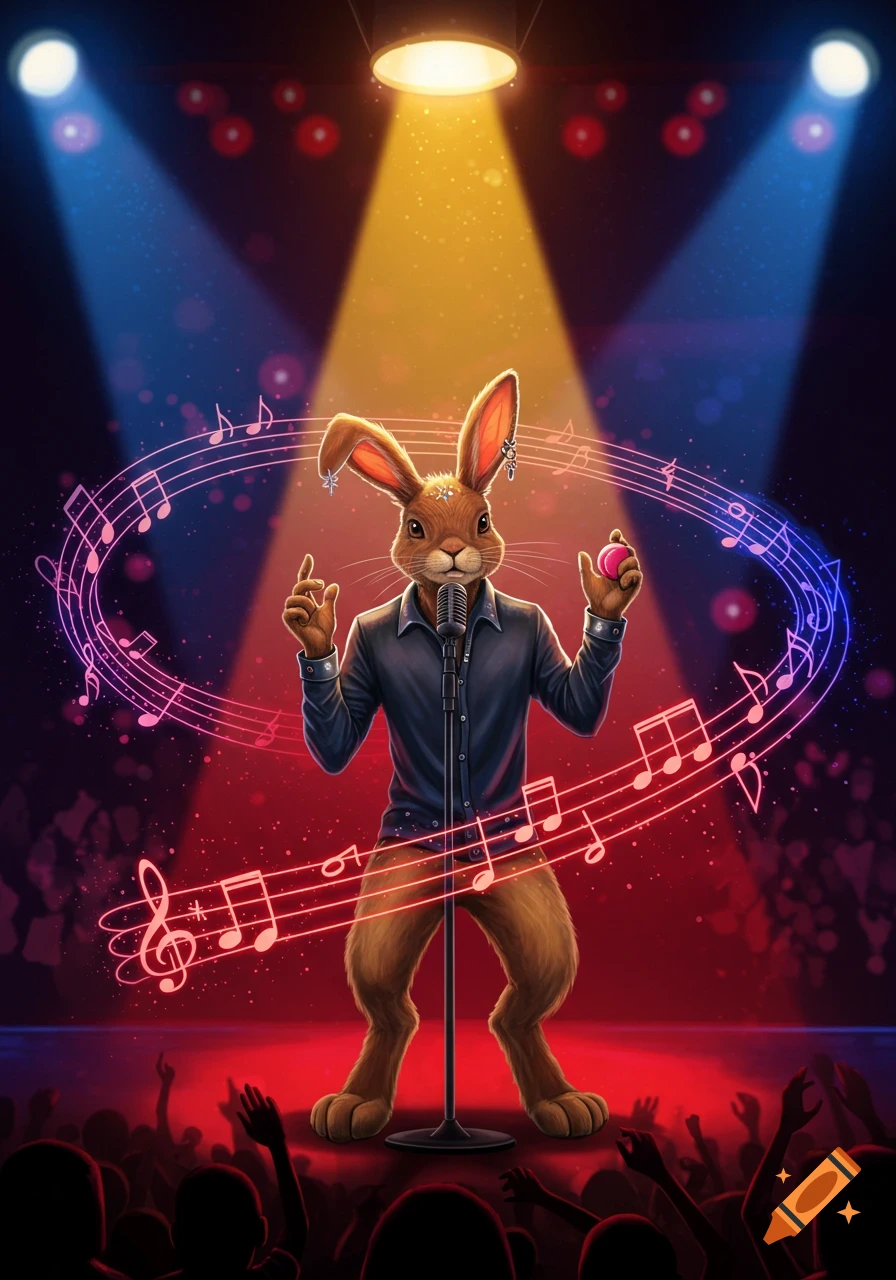 An anthropomorphic rabbit sings into a microphone on stage under spotlights, surrounded by musical notes, in front of an audience.