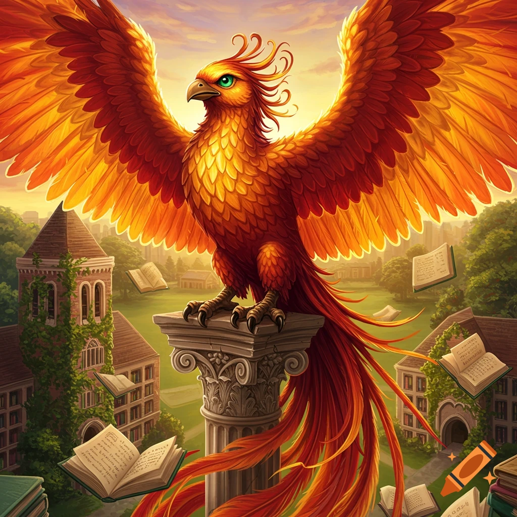 A majestic orange and red phoenix with outstretched wings perches on a stone column above a college campus with buildings, trees, and floating open books.