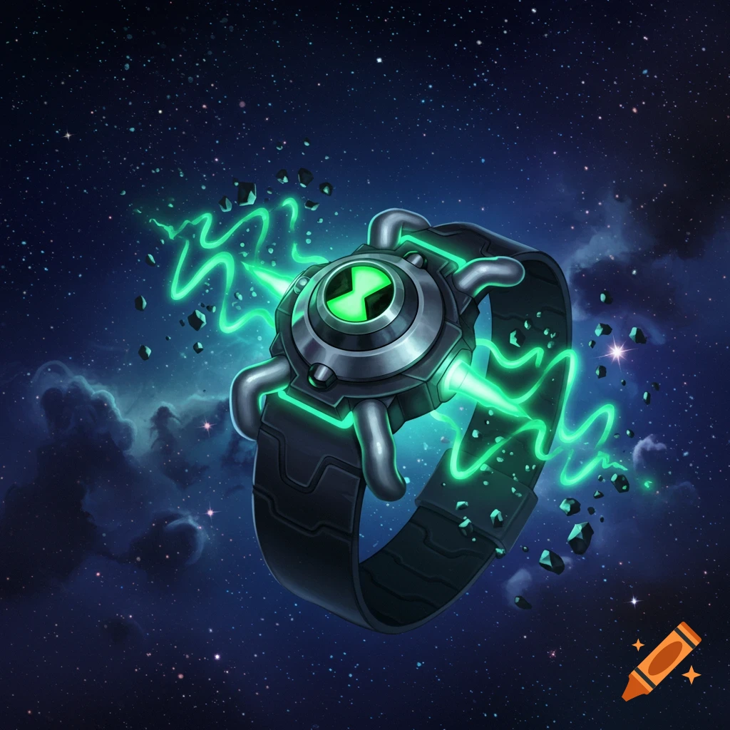 A futuristic green and gray Omnitrix device glows with green energy against a starry deep space background.