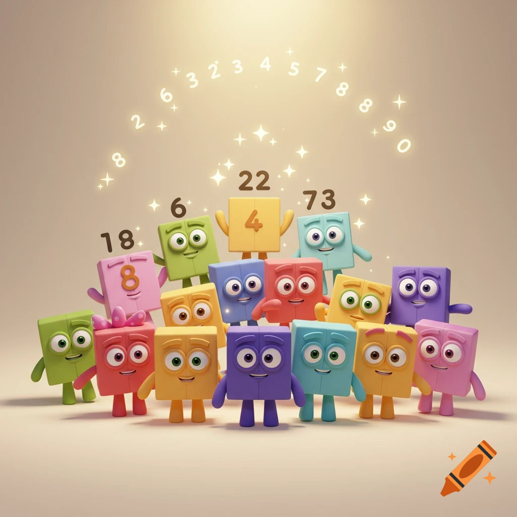 A group of colorful, smiling, block-shaped characters with numbers on and around them. Numbers like 18, 6, 22, and 73 are visible, with an arc of numbers 2-0 in the background.