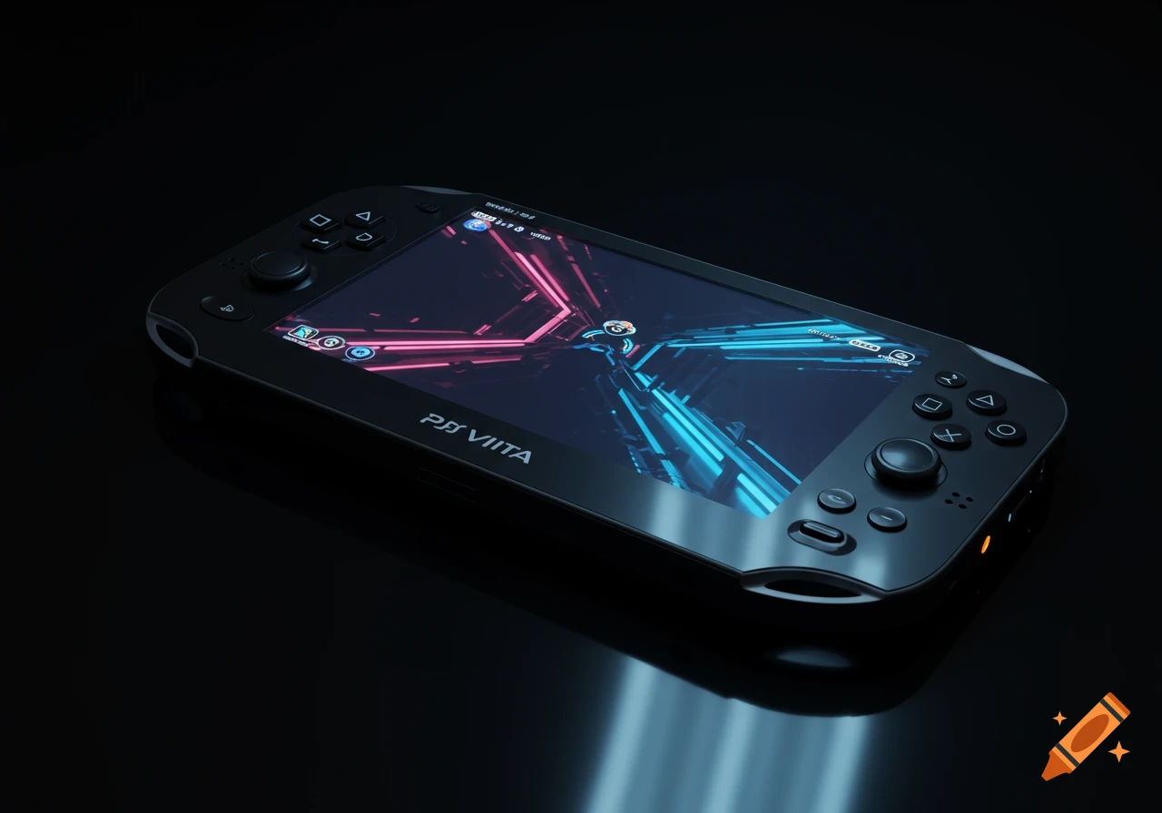 A close-up, angled shot of a black PS Vita handheld gaming console on a dark, reflective surface, with a futuristic blue and pink digital design on its screen.
