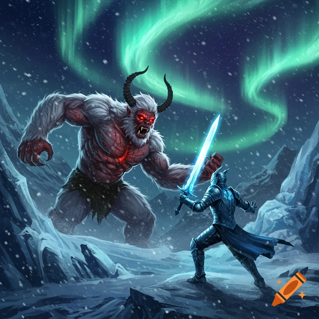 A white yeti monster with red eyes battles a knight with a glowing sword in a snowy mountain landscape under the northern lights.