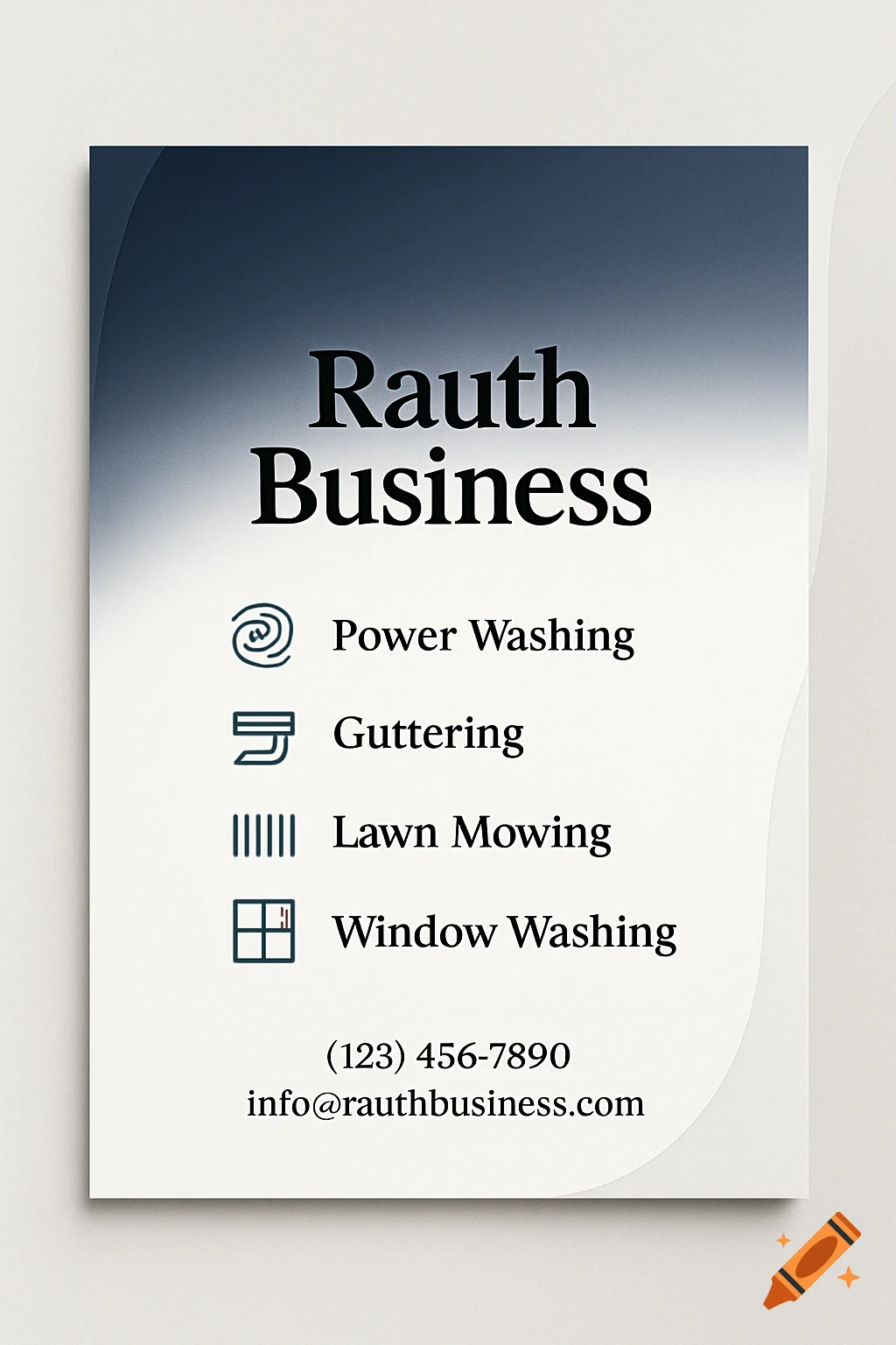 Minimalist flyer for Rauth Business, listing power washing, guttering, lawn mowing, and window washing services with contact details.