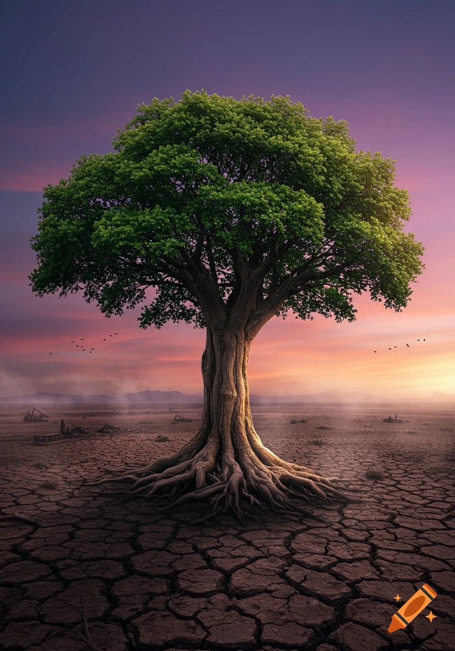 A majestic green tree with prominent roots stands alone on cracked, arid ground under a vibrant purple and orange sunset sky.