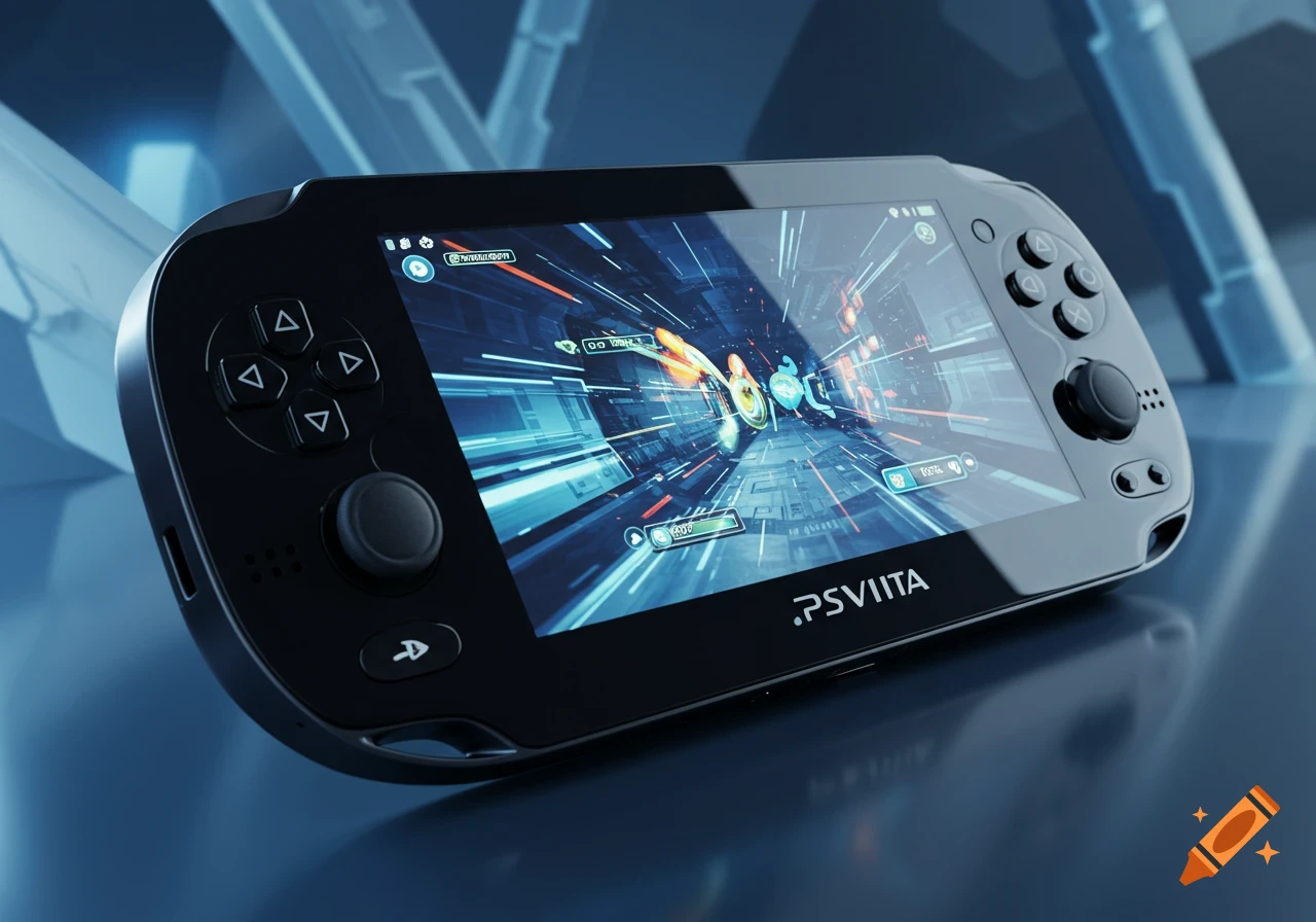 A black PlayStation Vita handheld console displays a colorful, fast-paced space game on its screen, set against a futuristic blue background.