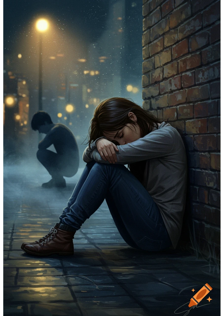 Digital art of a sad woman hugging her knees against a brick wall in the rain at night, with a man blurred in the background.