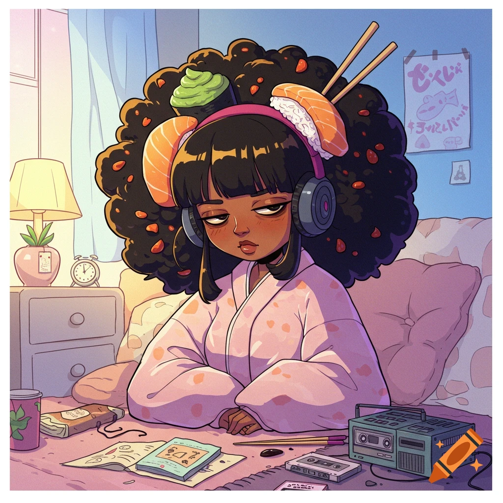An anime-style character with large afro hair adorned with sushi, wearing headphones and a pink robe, sitting at a desk with a vintage cassette player.