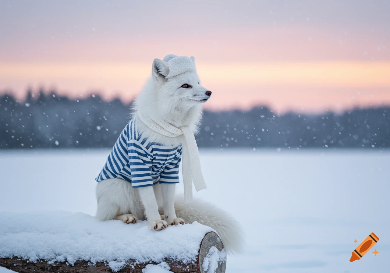 Photorealistic image of a white arctic fox in a blue striped shirt, white scarf, and hat, sitting on a snowy log during sunset.