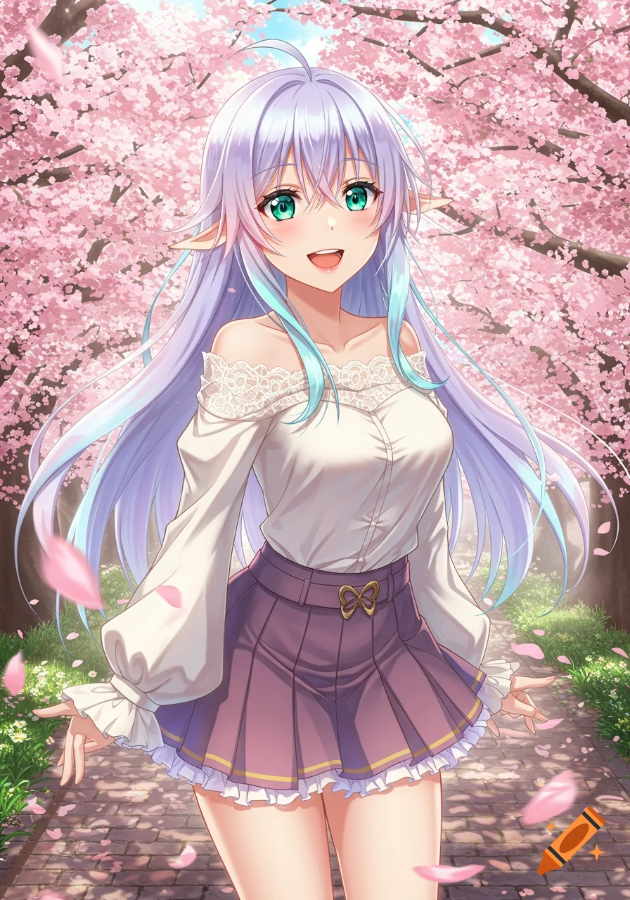 An anime girl with long, purple and blue hair, green eyes, and elf ears smiles amidst blooming pink cherry blossom trees with falling petals.