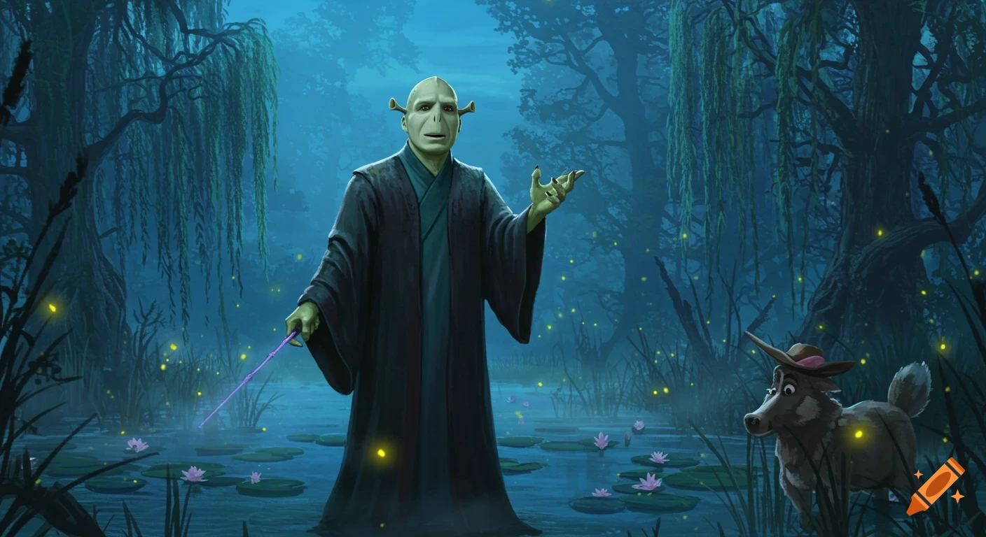 Voldemort with Shrek ears and green skin in a swamp with a cartoon wolf in a cowboy hat and glowing fireflies, digital art.