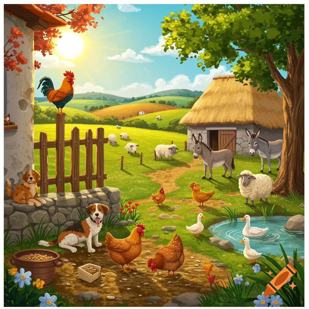A vibrant cartoon farm scene with a rooster on a fence, dogs, chickens, ducks, sheep, and donkeys in a sunny field with a barn.