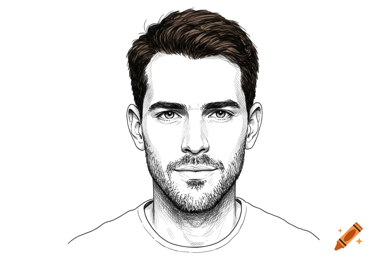 A black and white line art illustration of a man with short brown hair and a short beard, facing forward.