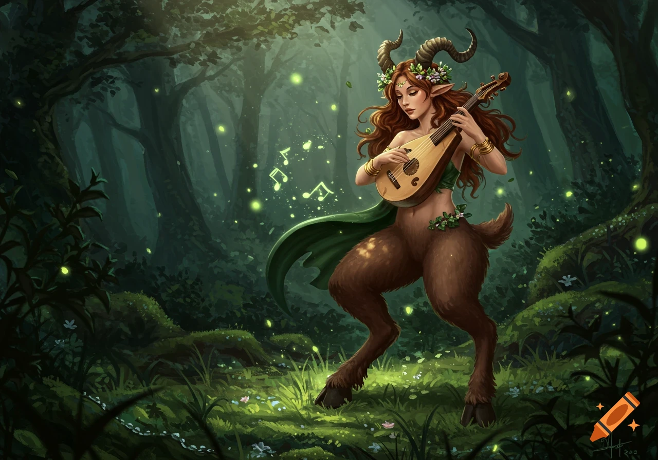 A female satyr with horns and goat legs plays a lute in a magical, glowing forest.