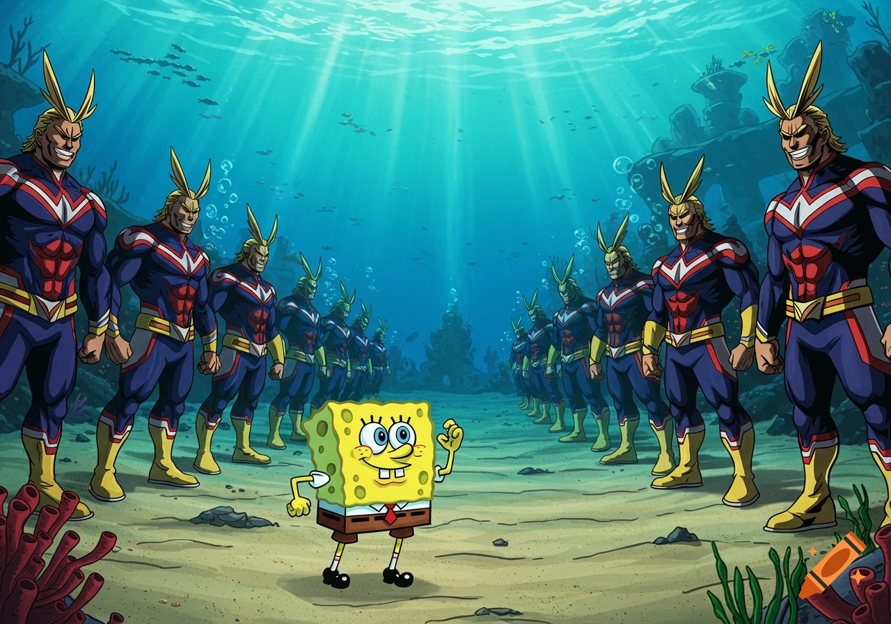 SpongeBob SquarePants stands on the ocean floor, facing two rows of All Might characters from My Hero Academia, in a colorful cartoon style.