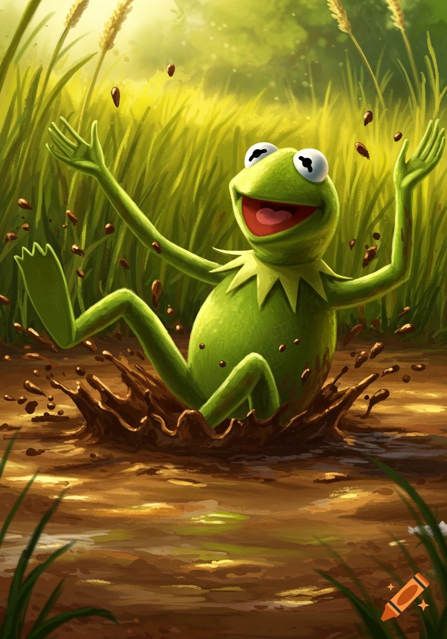 Kermit the Frog happily splashing and rolling in a muddy puddle in tall green grass.