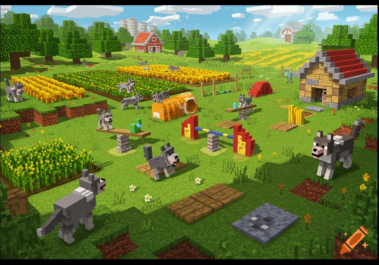 A blocky Minecraft world with several gray wolves in a green farmland area featuring crops, a red barn, a dog house, and an agility playground with various obstacles.