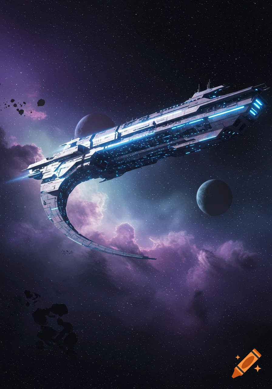 A futuristic spaceship with glowing blue lights hovers in deep space, surrounded by planets and purple nebulae.