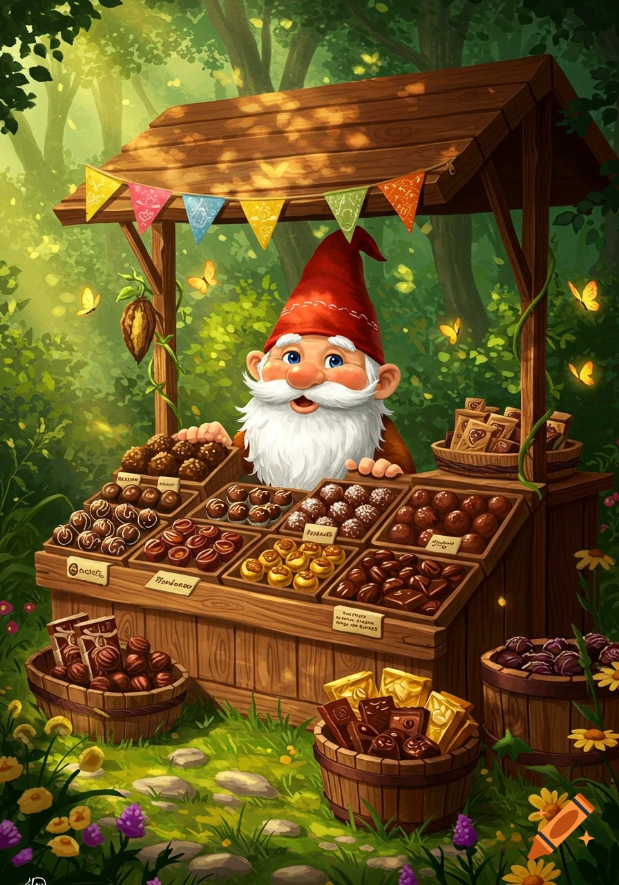 A friendly gnome sells chocolates from a wooden stall in a sunlit forest.