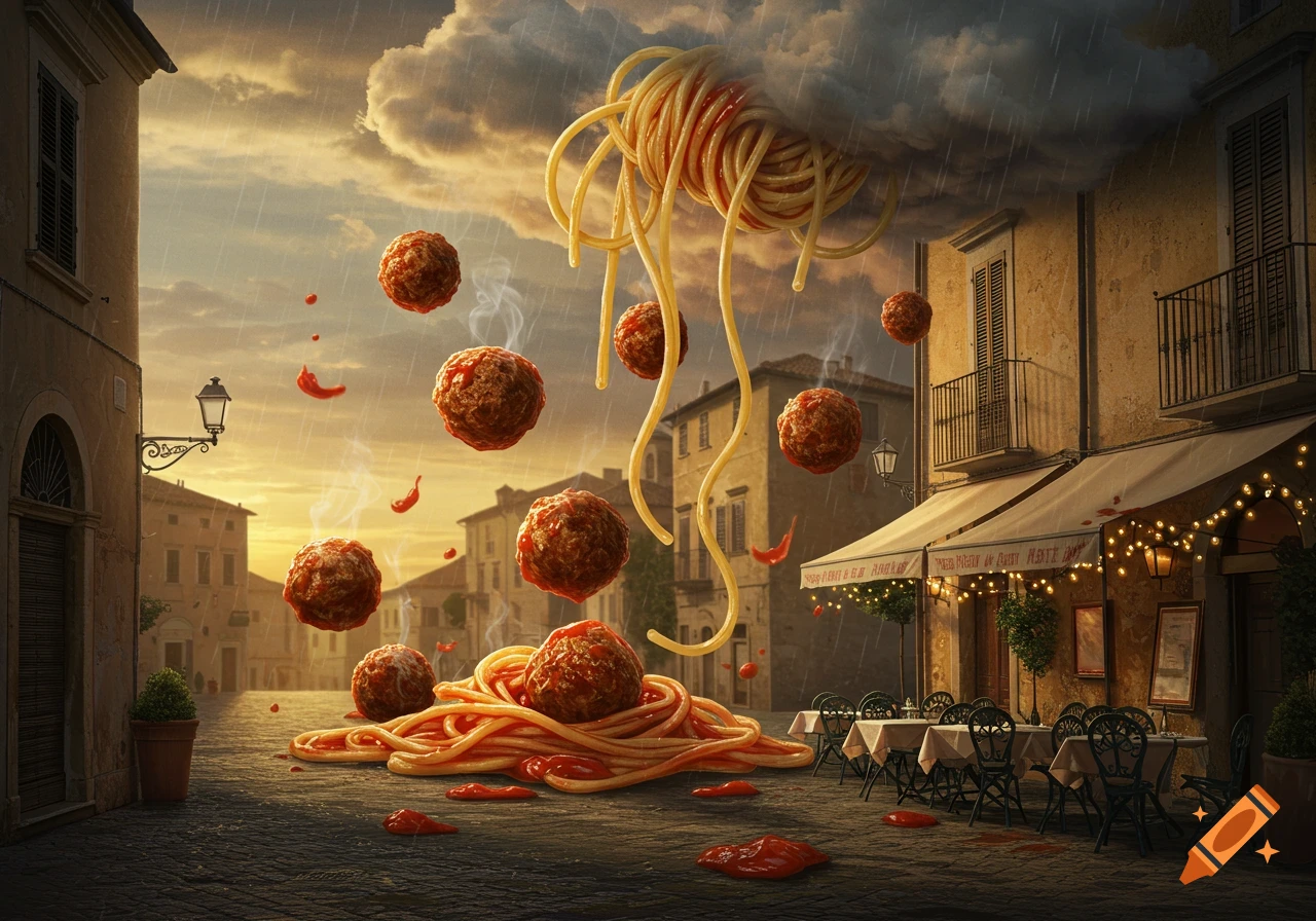 Spaghetti and meatballs rain from a cloudy sky onto a cobblestone street in an Italian town, with a restaurant in the background.