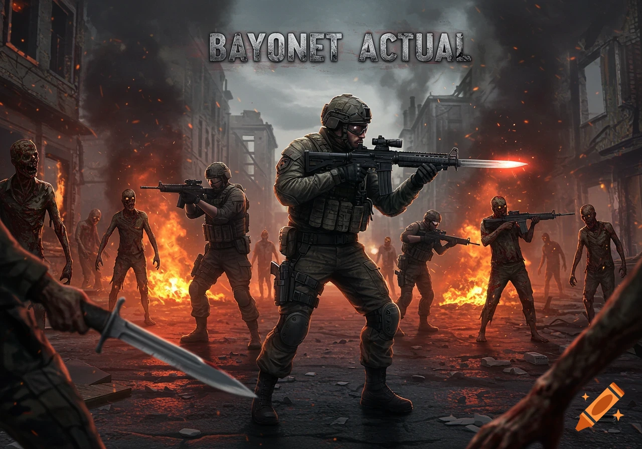A military team fights zombies in a burning, ruined city, with "BAYONET ACTUAL" text above. Game art style.