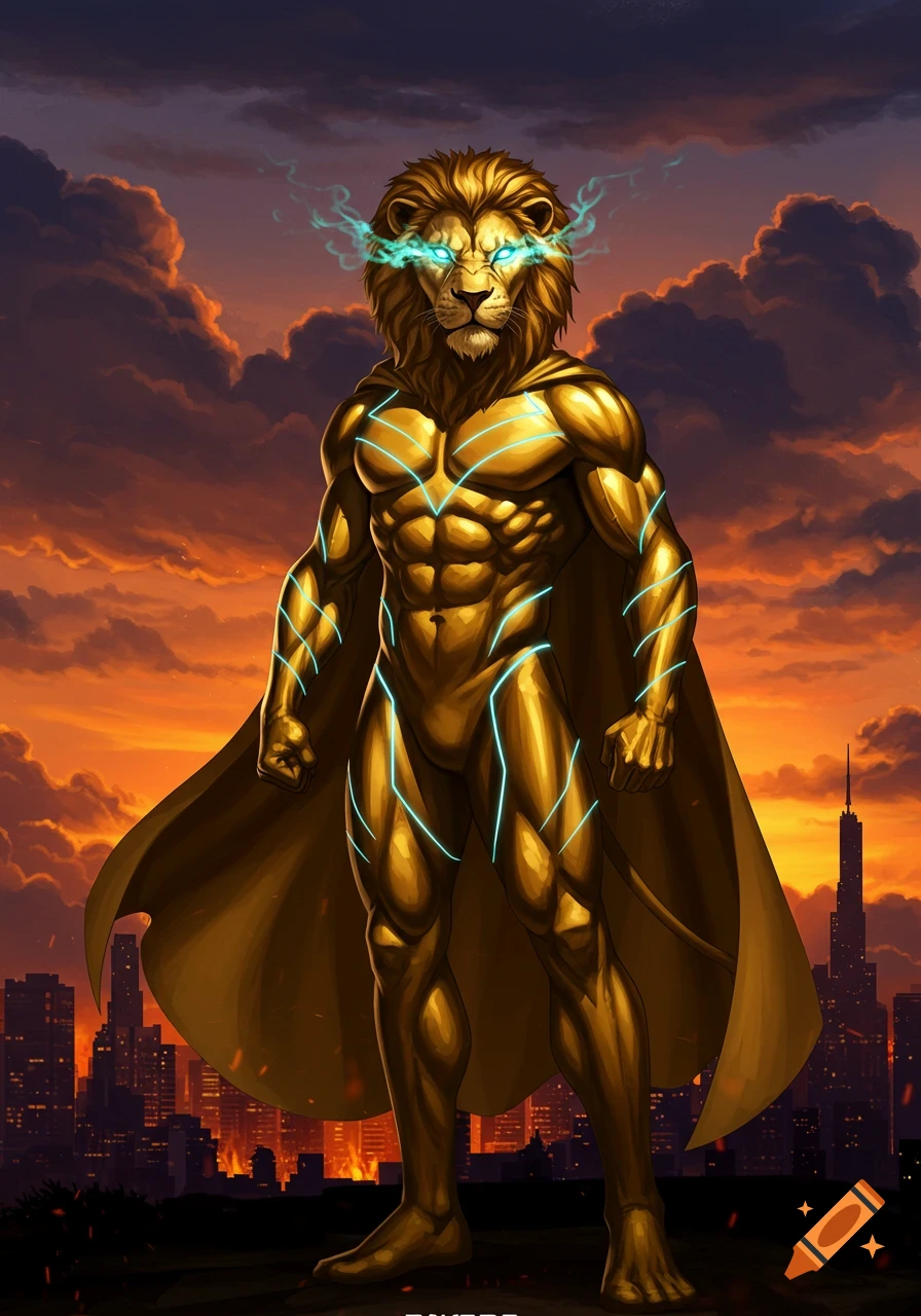A golden, muscular lion superhero with glowing blue eyes and energy lines, wearing a cape, stands against a sunset city skyline in a comic book art style.