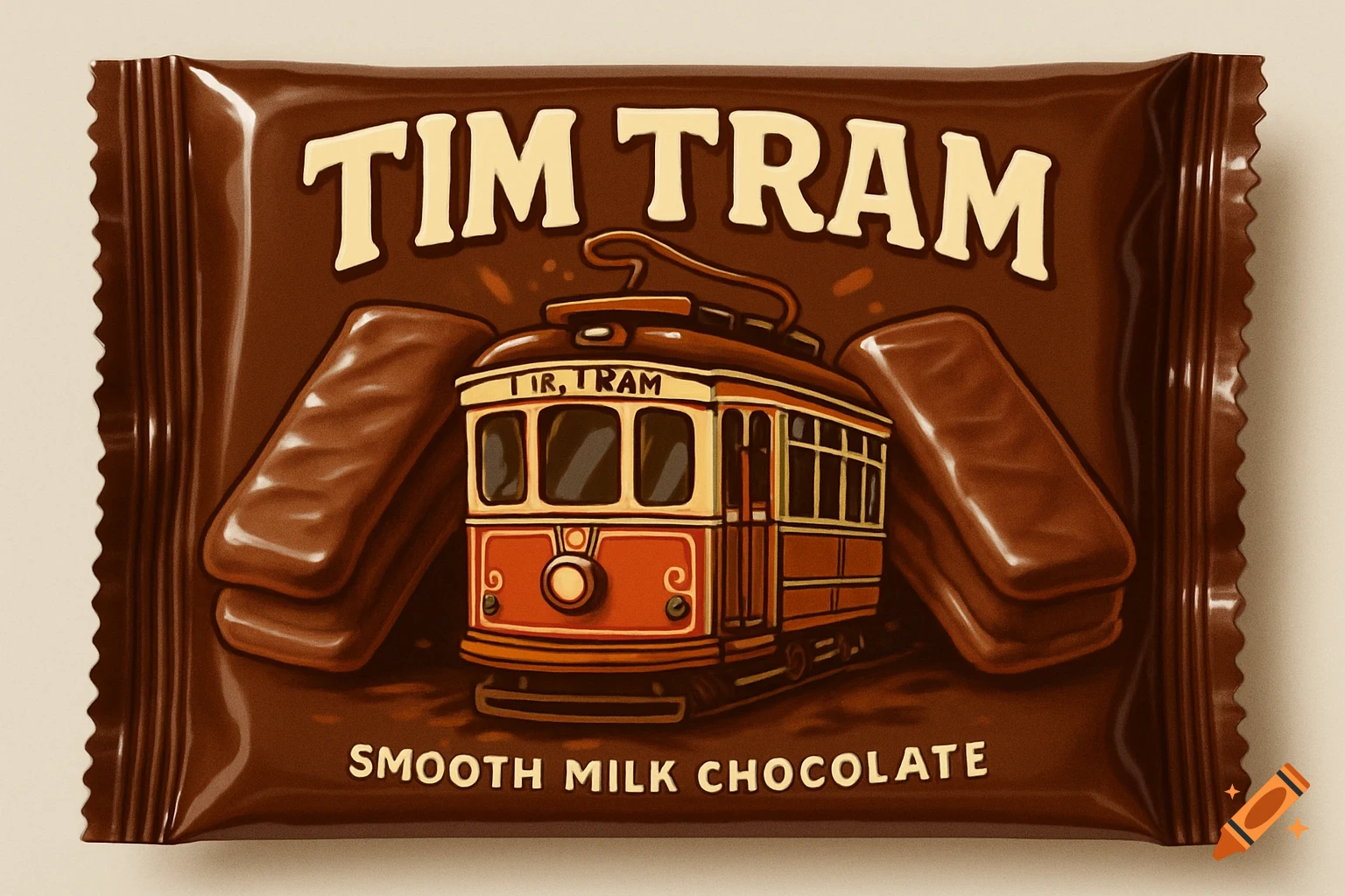 A cartoon-style chocolate bar wrapper, deep brown with cream-colored text reading "TIM TRAM". A red and cream tram is in the center, flanked by two chocolate biscuits.
