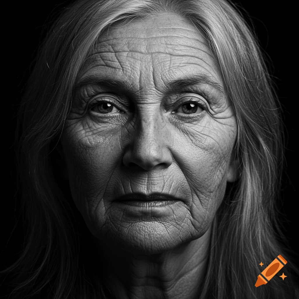 A close-up, black and white portrait of an elderly woman with a serious expression and detailed wrinkles.