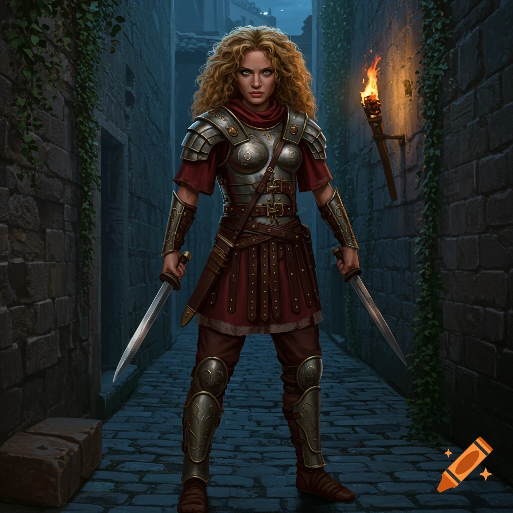 A woman warrior with curly blonde hair and green eyes in Roman armor holds two swords in a dark, torch-lit alleyway. Detailed illustration.