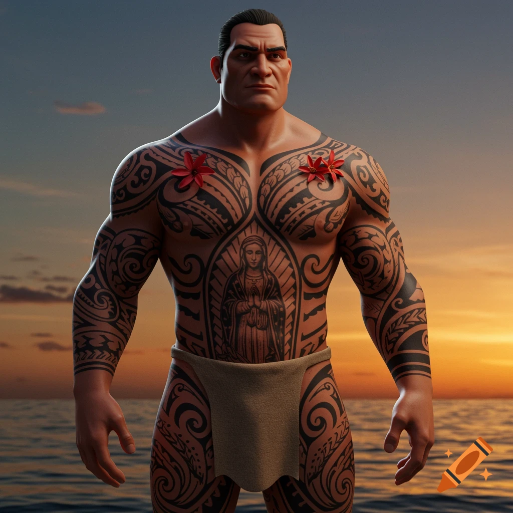 Animated 3D muscular man with extensive Polynesian-style tattoos and a Mary figure on his chest, standing in front of a sunset ocean.