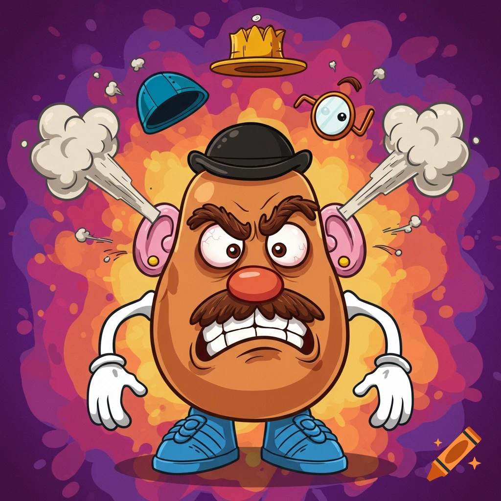 Cartoon Mr. Potato Head character with an angry, frustrated expression, steam coming from his ears, and his hat and glasses floating around him on a vibrant, splattered background.