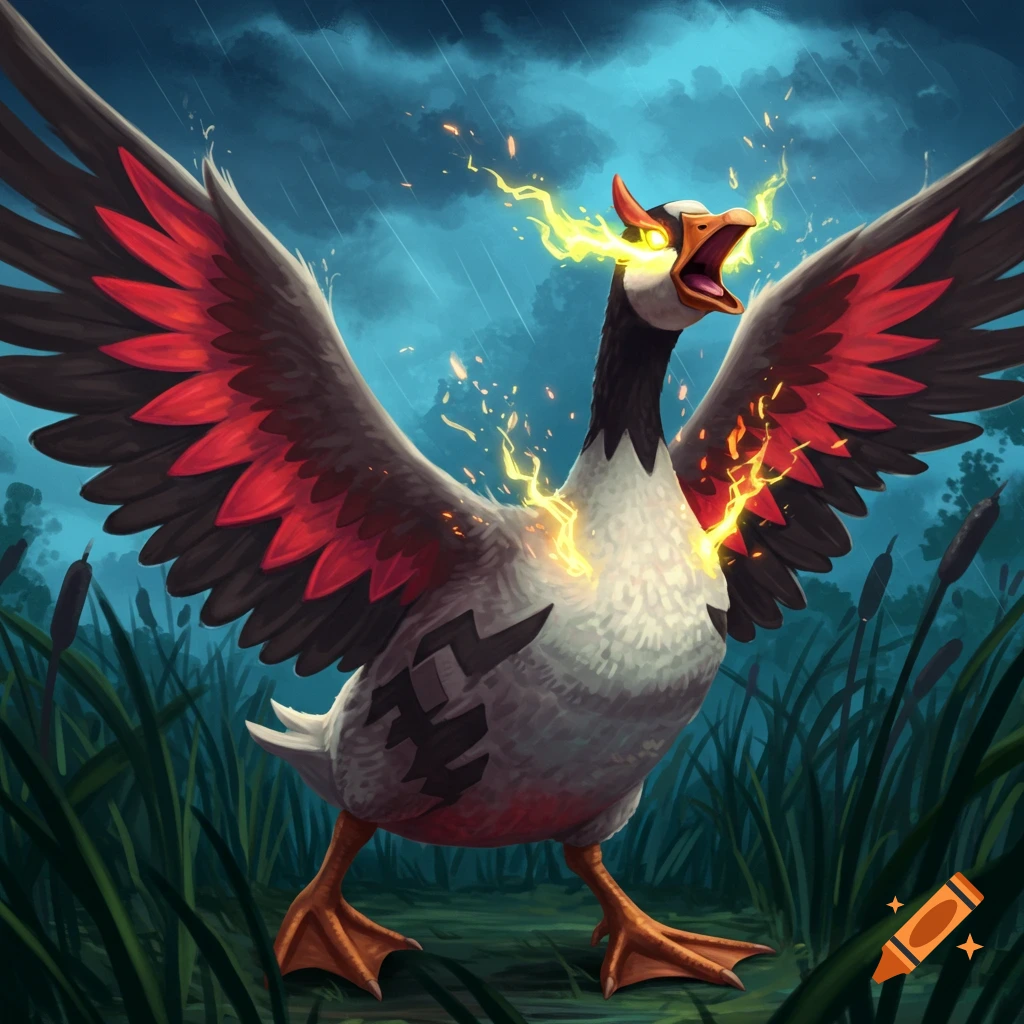 A stylized, angry goose with red and black wings, glowing yellow eyes, and yellow energy emanating from its eyes and body, stands in a dark marsh under a stormy sky.