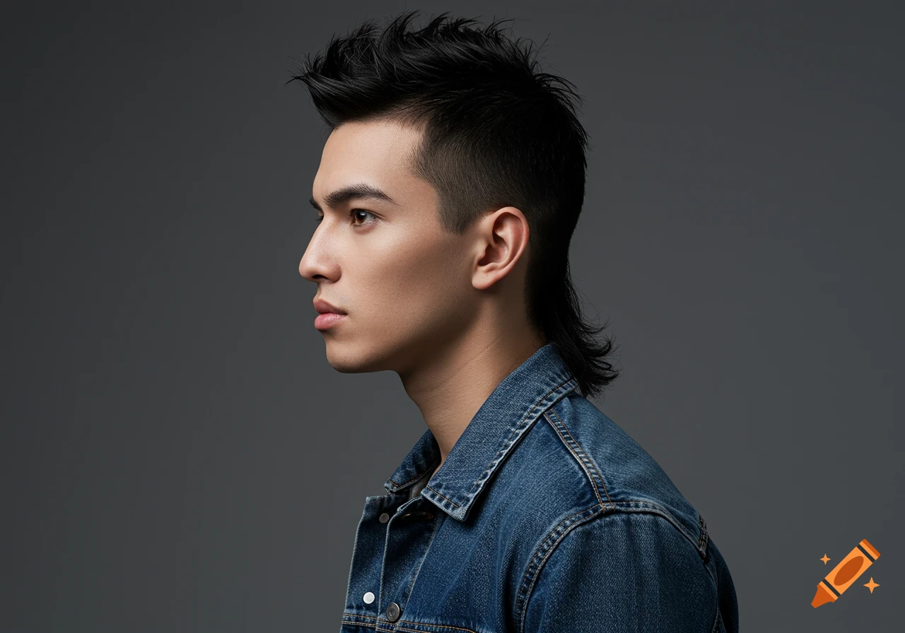 Side profile photorealistic studio portrait of a young man with a spiky mullet hairstyle, wearing a denim jacket.