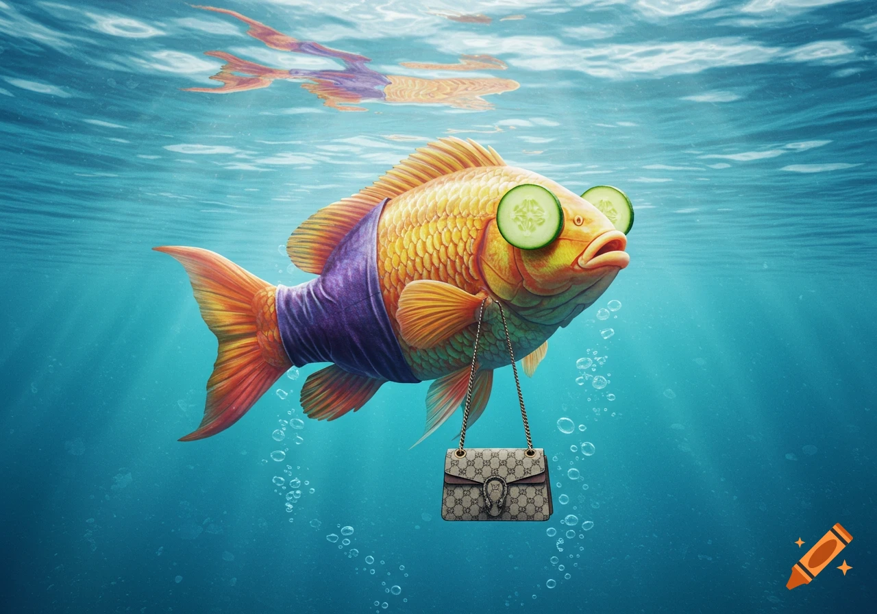 A golden fish wearing a purple robe and cucumber slices on its eyes, holding a Gucci purse underwater.
