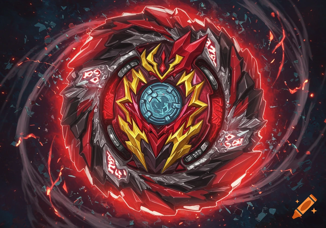 Dynamic illustration of a red, black, and gold Beyblade X spinning with glowing red energy and debris.