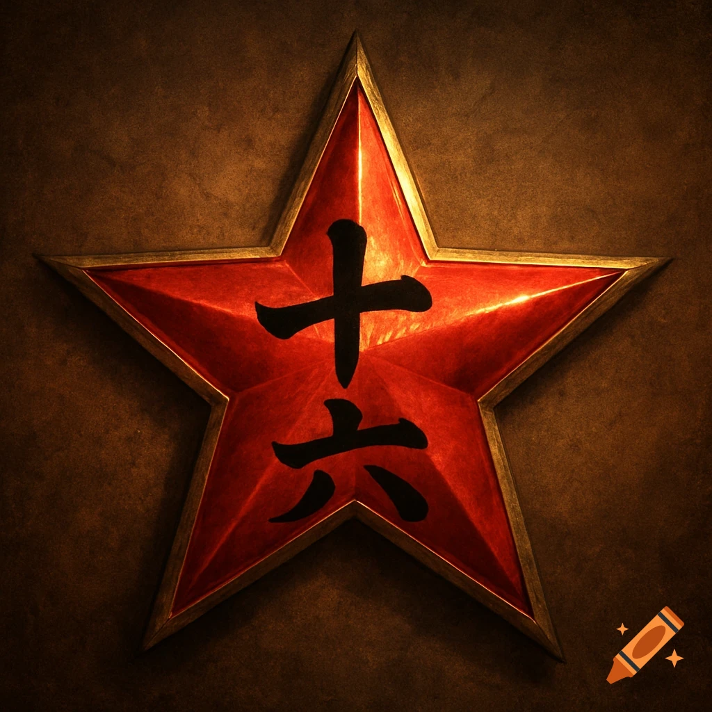 A red five-pointed star with a golden border, featuring the Chinese characters for "ten" over "six" in black, set against a dark, textured background.