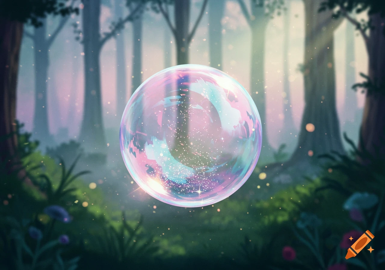 A large iridescent bubble floats in a mystical, light-filled forest with soft light rays and glowing particles.