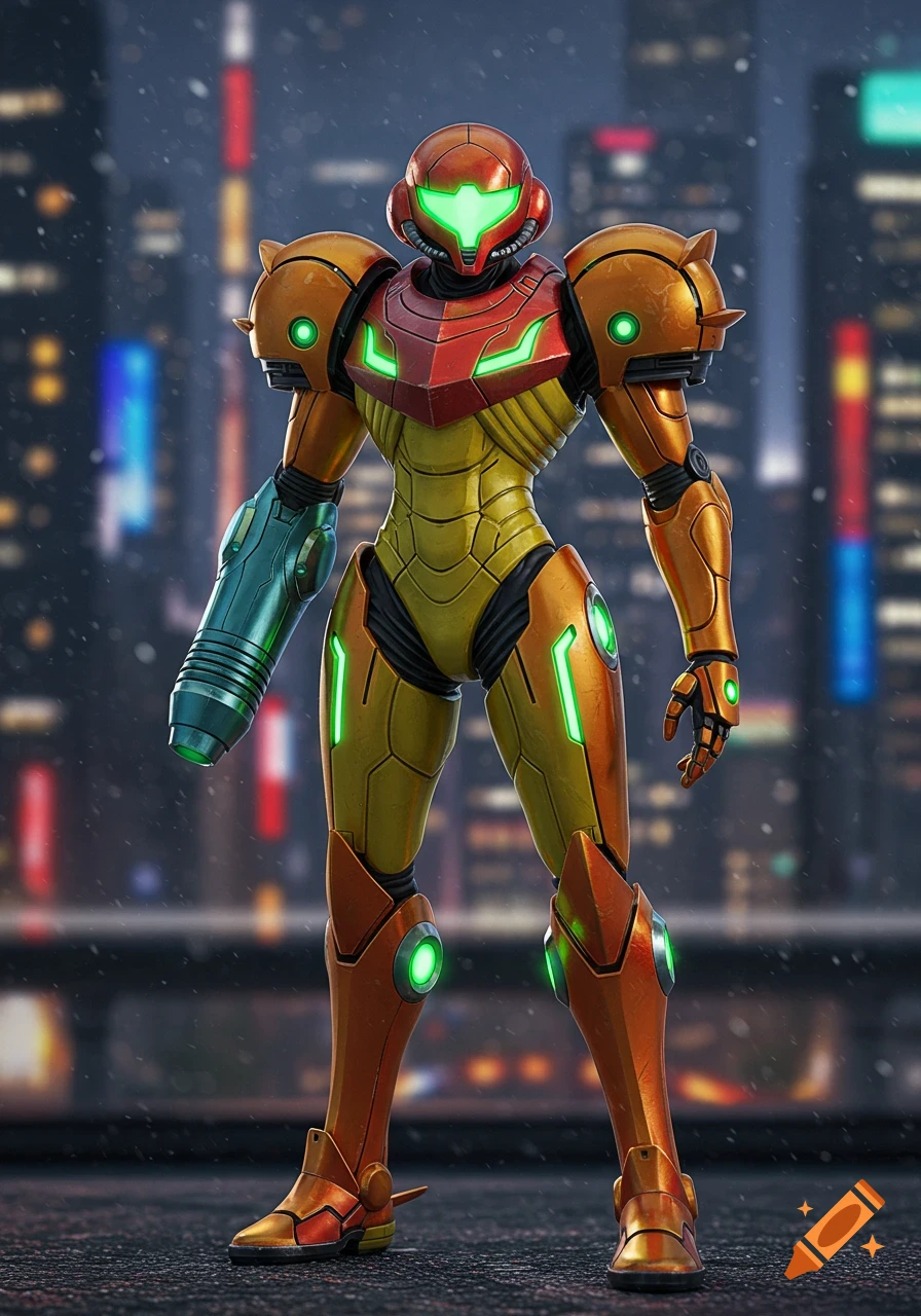 Photorealistic rendering of Samus Aran in her orange and red power suit, standing in a futuristic city at night.